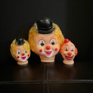 3 piece Clown Doll Set with Black Hat & Red Nose and Red Hat & Red Nose
